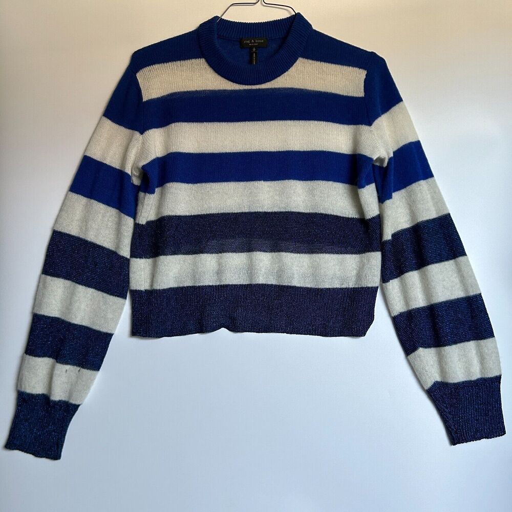 Rag & Bone blue white striped sweater, lightweight pullover knit, royal blue S